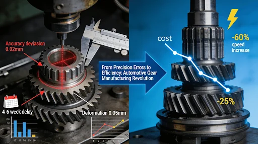 Comparison diagram of traditional vs advanced automotive gear manufacturing, showing improvements from 0.02mm precision errors to 0.005mm accuracy, 25% cost reduction, and 60% faster prototyping.