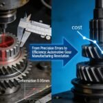 Comparison diagram of traditional vs advanced automotive gear manufacturing, showing improvements from 0.02mm precision errors to 0.005mm accuracy, 25% cost reduction, and 60% faster prototyping.