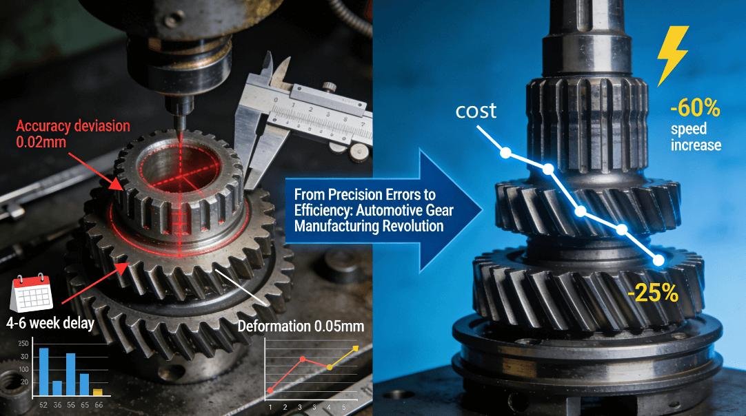 Comparison diagram of traditional vs advanced automotive gear manufacturing, showing improvements from 0.02mm precision errors to 0.005mm accuracy, 25% cost reduction, and 60% faster prototyping.