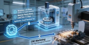 A flowchart illustrating the decision-making process for selecting between additive manufacturing (like SLA/SLS) and subtractive manufacturing (like CNC machining) for rapid prototyping, based on factors such as accuracy, material, and application needs.