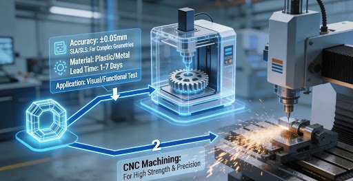 A flowchart illustrating the decision-making process for selecting between additive manufacturing (like SLA/SLS) and subtractive manufacturing (like CNC machining) for rapid prototyping, based on factors such as accuracy, material, and application needs.
